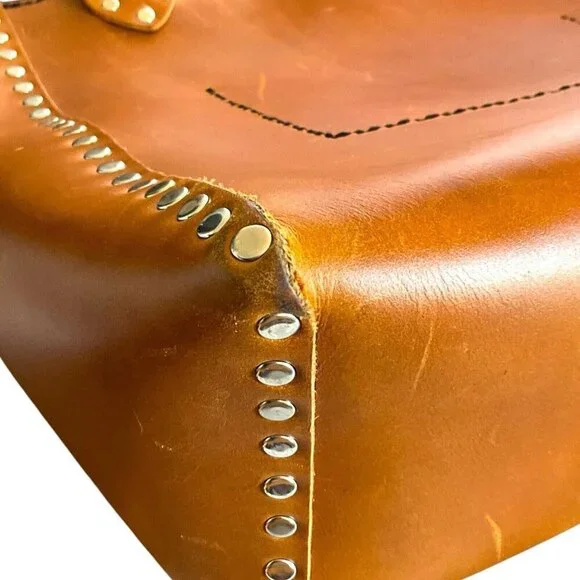 Jaxy Blue Medium Leather Tote Bag Brown Handmade Studded Western Tassel Pocket - Picture 14 of 14